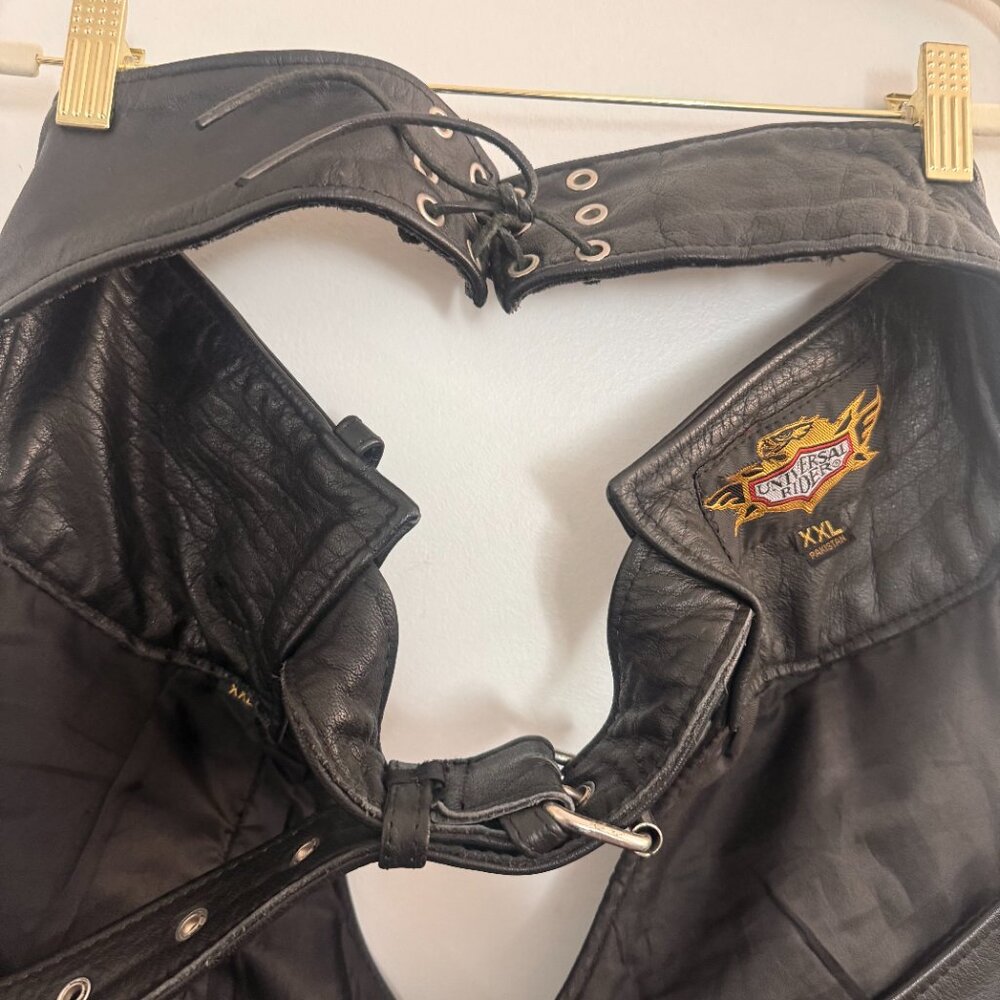 Universal Rider Heavy Black Leather Motorcycle Chaps | Men’s XXL | Lace Waist - Picture 2 of 7
